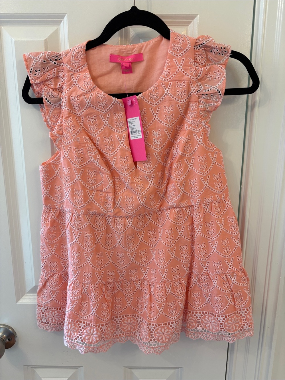 Lilly Pulitzer Coral Peach Eyelet Ruffle Sleeve Blouse